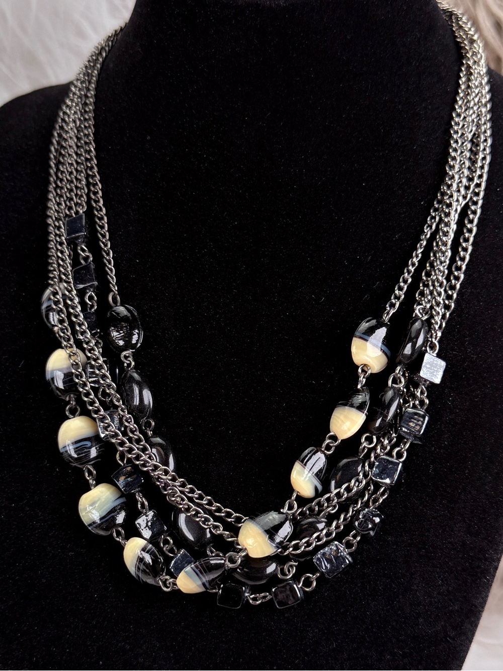 Vintage Multi Strand Gunmetal Chain Black Bead Statement Necklace